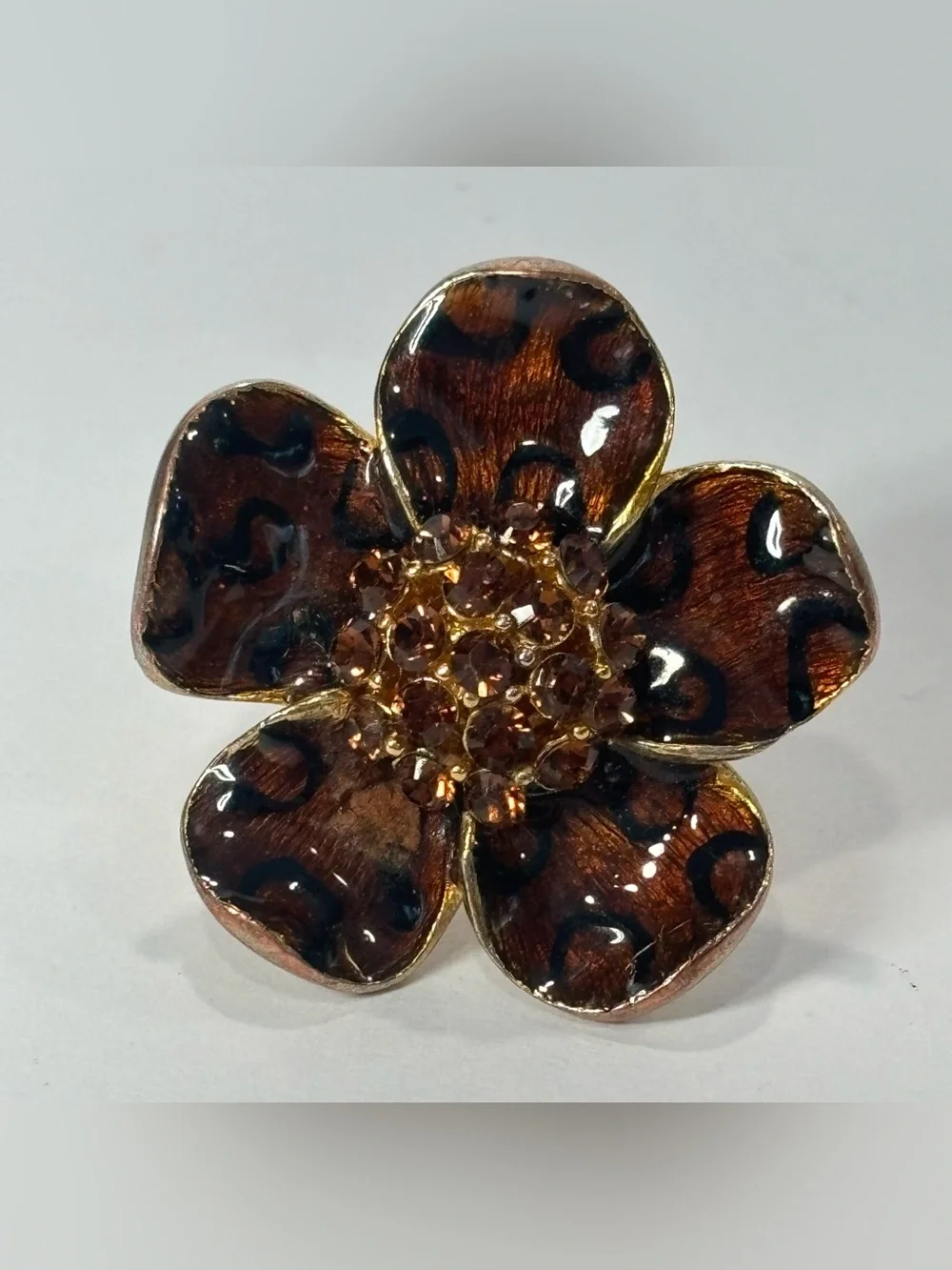 Chico’s Enamel Flower Ring Brown Leopard Print Orange Rhinestones Adjustable